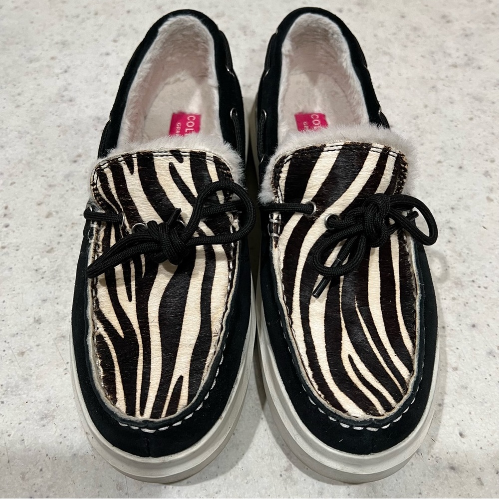 COLE HAAN GrandPro Rally Moccasin Black Leather Suede Zebra Hair Size 7B Fuaxfur